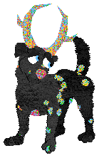 Black dalmatian with multi-colored spots and large antlers standing.