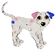 Dalmatian with pink, blue, and cream spots standing.