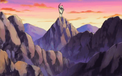 Absol standing on a mountain peak.