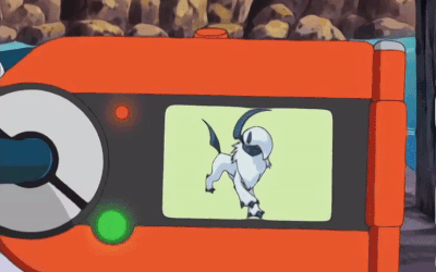 A panning shot that goes right to left from May's pokedex to Absol standing in a river.