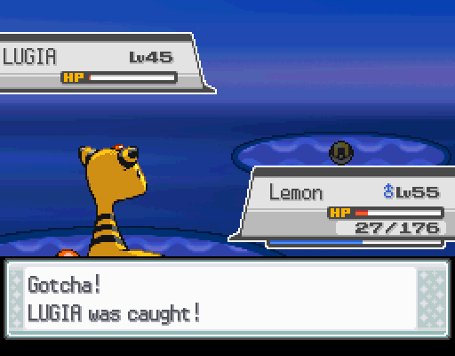 Screenshot from SoulSilver of the player catching lugia.