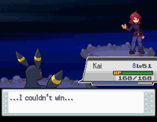 Screenshot from SoulSilver of the player defeating rival Silver. His text box reads, '...I couldn't win...'