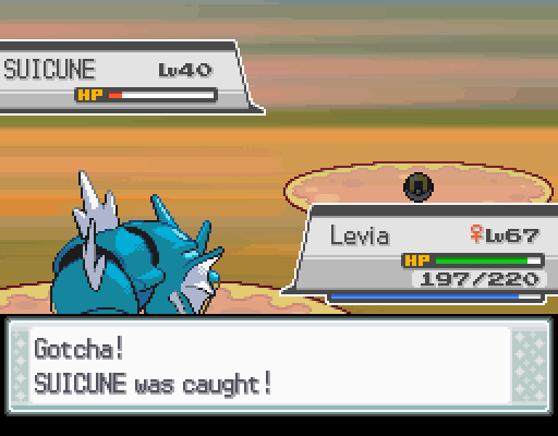 Screenshot from SoulSilver of the player catching suicune.