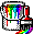 Bucket with rainbow paint.