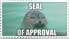 Seal of approval over a photo of a seal in water.
